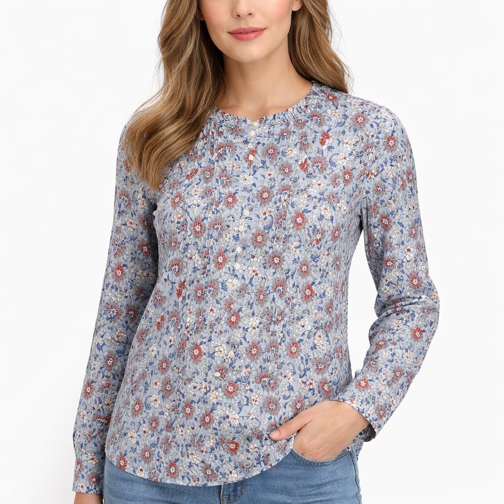 Lands’ End Blue Floral Print Button-Front Pintuck Blouse Long Sleeve Top Size XS